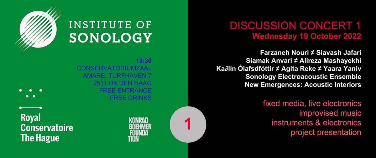 WEDNESDAY 19 OCTOBER
📢
we are presenting our ACOUSTIC INTERIORS double album release at the @KonContweets in Den Haag during the Concert of the Institute of Sonology. 
.
Join us at the consevatoriumzaal <a href="/amaredenhaag/">Amare - Den Haag</a> at 19:30. 
Free entry