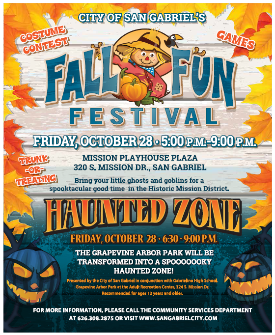 Ready, set, ghoul! This year’s Fall Fun Festival is on Friday, Oct 28 at the Mission District from 5pm to 9pm. There will be tons of fun activities including trunk-or-treating🍬, a costume contest, and the Haunted Zone! 👻 🎃 For more info, visit sangabrielcity.com/1398/Fall-Fun-…