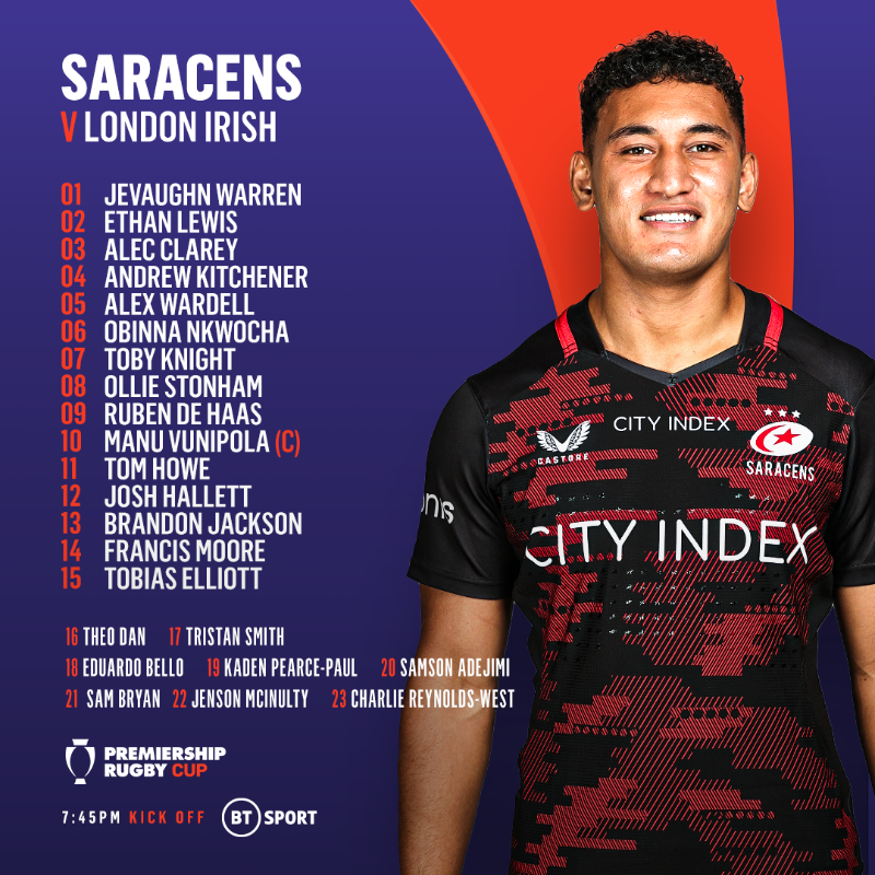 premrugby's tweet photo. The teams are in 📋

Monday night rugby in the #PremRugbyCup as @Saracens host @londonirish in Round 3 live on @btsportrugby 🏉

#SARvLIR Preview on our website ⤵️