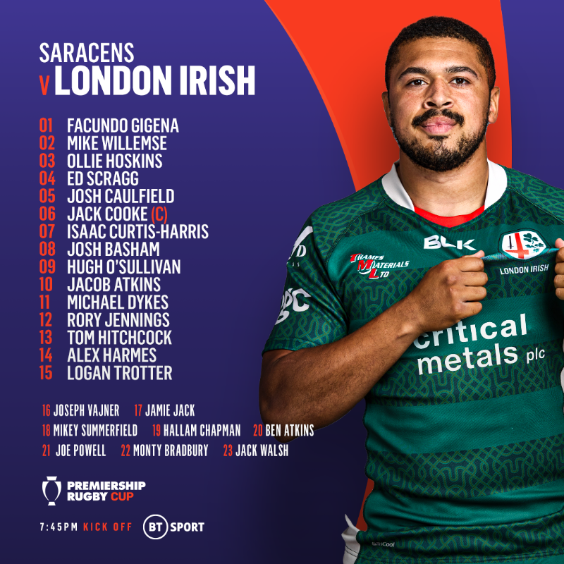 premrugby's tweet photo. The teams are in 📋

Monday night rugby in the #PremRugbyCup as @Saracens host @londonirish in Round 3 live on @btsportrugby 🏉

#SARvLIR Preview on our website ⤵️
