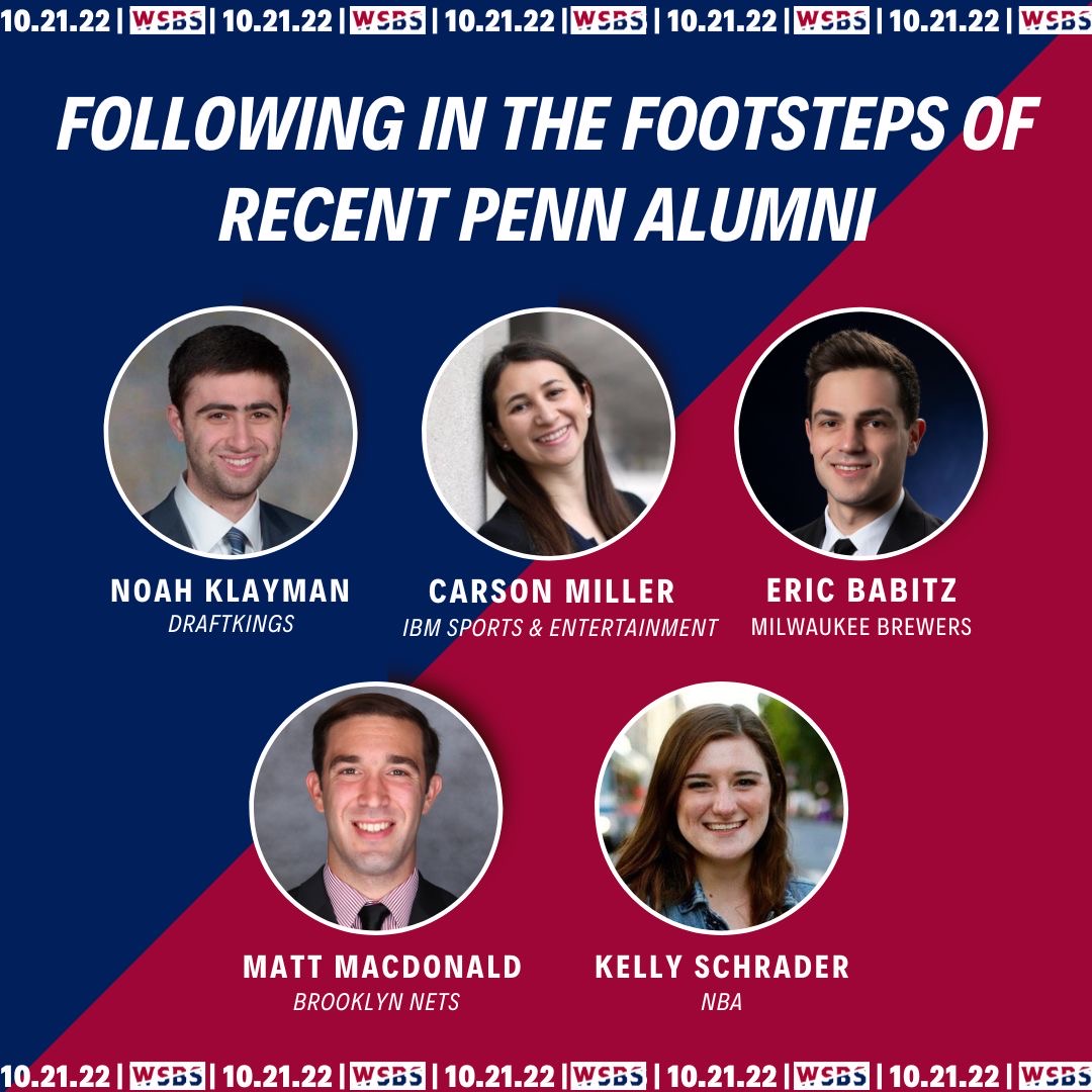 WhartonUSBC's tweet photo. Introducing our Recent Penn Alumni Panel! Come hear from Noah, Carson, Eric, Matt, and Kelly at our upcoming Summit, as they discuss Penn, their careers, and more! Tickets are available at the link in our bio! https://t.co/ovbOpi0Gk6