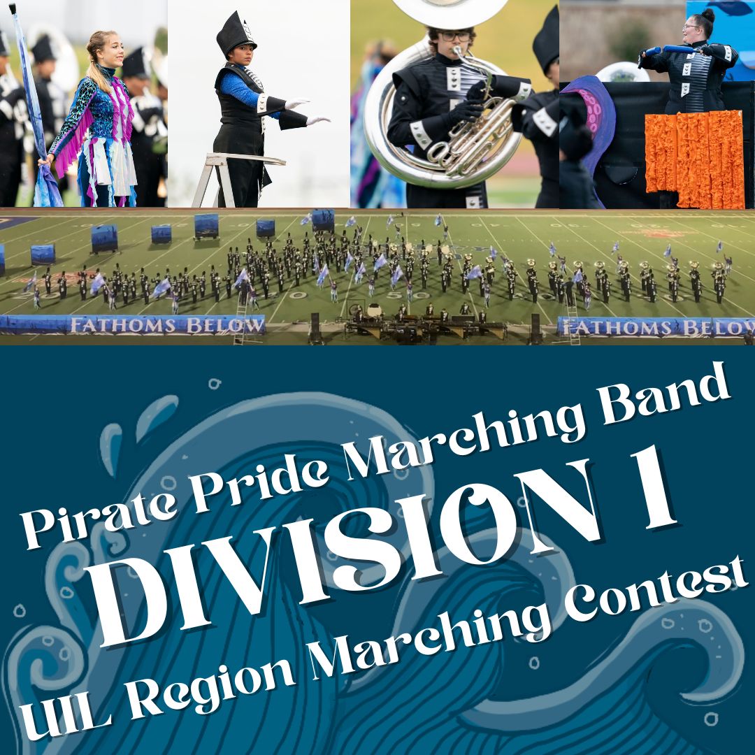 PiratePrideBand's tweet photo. This weekend the Pirate Pride earned straight 1's at UIL Region Marching Contest! We will be headed to the UIL Area Contest next week in Lubbock. Great job Pirates! 🐙🌊 Thanks so much to @VolleyballLcp @FootballLCP @LCP_Cheer @LCPpom for your support! https://t.co/42wknOLvf0