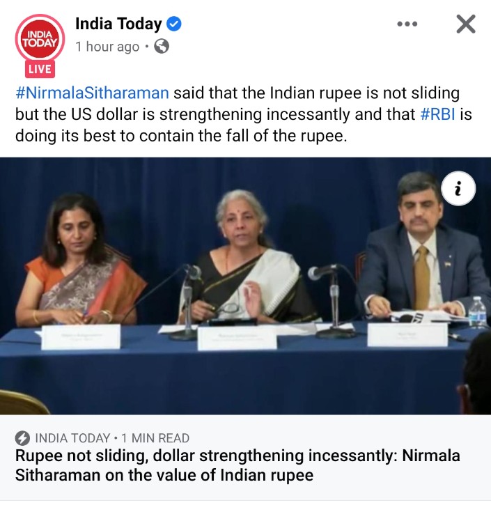 Most Intellectual theory of the day -
The rupee is not weakening, but the USD is strengthening 
                      - Nirmala Sitharaman, Union Finance Minister.
#NirmalaSitharaman 
#RupeevsDollar
#Rupee 
#Rupeefall