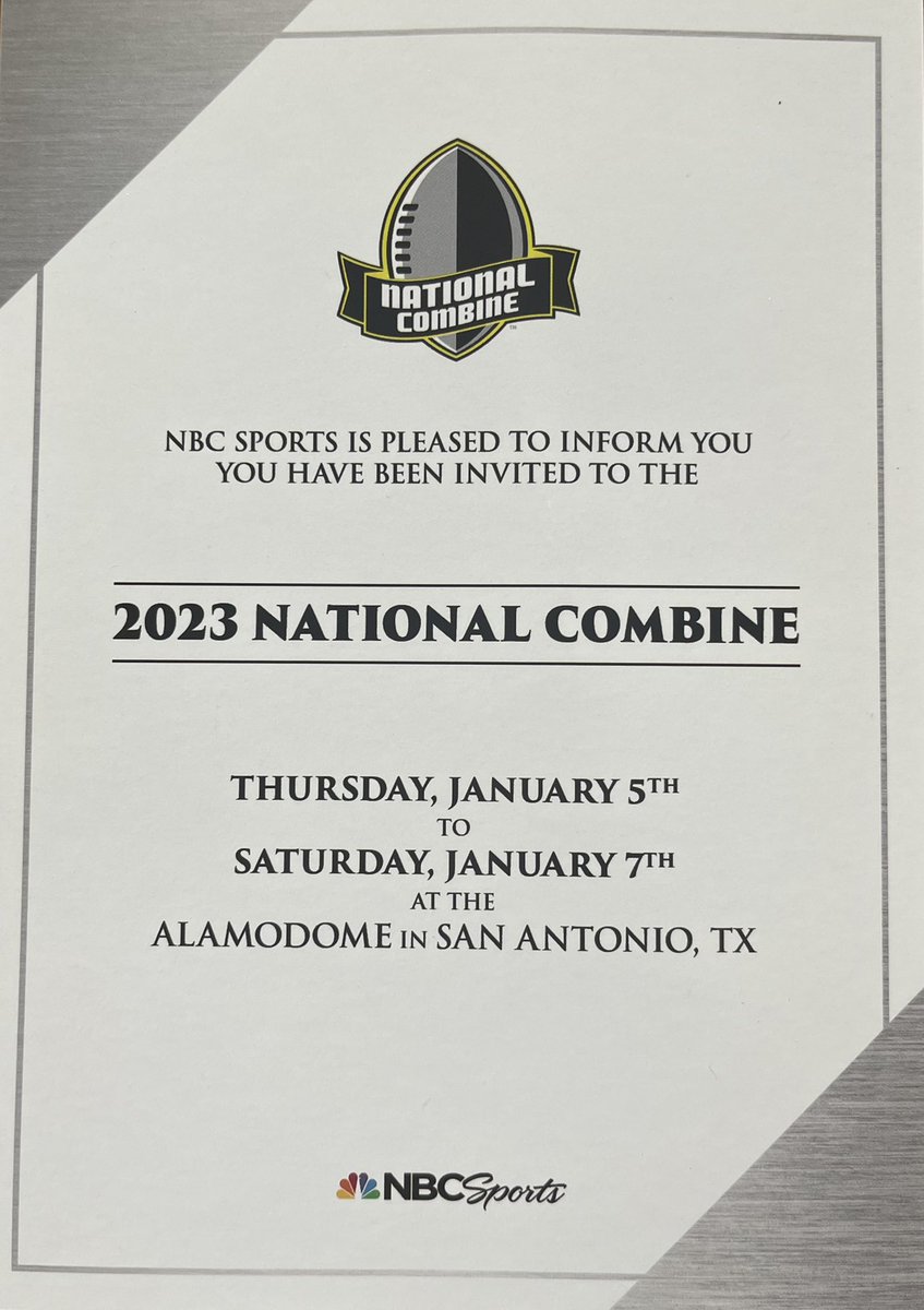 Excited to receive and invite to the <a href="/AABonNBC/">Navy All-American Bowl</a> 2023 National Combine! Thank you <a href="/NationalComb1ne/">Navy National Combine</a> !