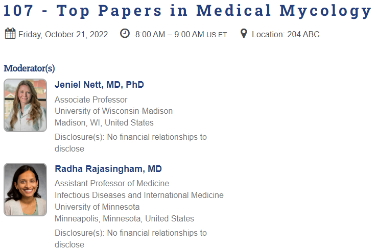 UMN_ID's tweet photo. Hear ye, hear ye! Top Papers in Medical Mycology by U faculty Dr. @R_Rajasingham together with Dr. Jeniel Nett at @IDWeek2022 @uw_infdisease 
https://t.co/xjFZ0loWTD https://t.co/PUHC3qL63X