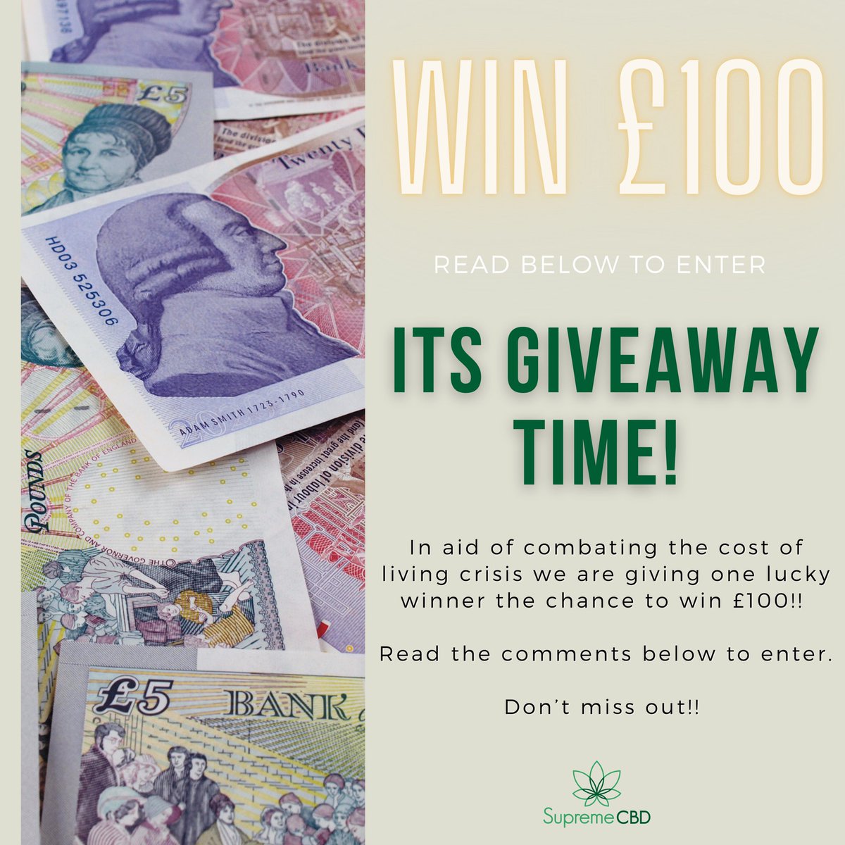 supreme_cbd's tweet photo. 🏆 𝗖𝗢𝗠𝗣𝗘𝗧𝗜𝗧𝗜𝗢𝗡 𝗧𝗜𝗠𝗘 🏆 for your chance to win £100 cash 💵 

To enter make sure you follow the details below 👇🏼

1. Like &amp; RT this tweet 
2. Comment why you love Supreme CBD OR would like to give CBD a try 🥰

DON’T MISS OUT 🙌🏼 https://t.co/Nwhx4V3knt