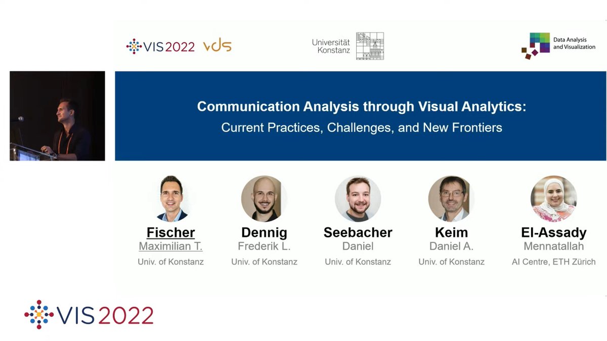 Data Analysis and Visualization (@dbvis) on Twitter photo Happening now at #IEEEVIS 2022:
Max Fischer presenting live our research on communication analysis with <a href="/ETH_AI_Center/">ETH AI Center</a>.
<a href="/frederikdennig/">Frederik Dennig</a>, <a href="/seebacherd/">Daniel Seebacher</a>, D. Keim <a href="/dbvis/">Data Analysis and Visualization</a>, and <a href="/melassady/">Menna El-Assady</a>
<a href="/ieeevis/">IEEE VIS</a> #VDS
Drop by or visit the conference website to check it out! communication-analysis.dbvis.de Happening now at #IEEEVIS 2022:
Max Fischer presenting live our research on communication analysis with <a href="/ETH_AI_Center/">ETH AI Center</a>.
<a href="/frederikdennig/">Frederik Dennig</a>, <a href="/seebacherd/">Daniel Seebacher</a>, D. Keim <a href="/dbvis/">Data Analysis and Visualization</a>, and <a href="/melassady/">Menna El-Assady</a>
<a href="/ieeevis/">IEEE VIS</a> #VDS
Drop by or visit the conference website to check it out! communication-analysis.dbvis.de