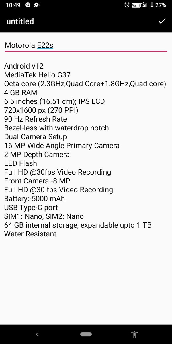 isandeepnatth's tweet image. Motorola E22s 
Full specifications 💕😍 
Thanks for the amazing opportunity 💕😍 
@motorolaindia

#ContestAlert #motoe22s #fullspecifications #motorola 

Tag @bliss_berri
@anublue30
@PranatiDey2
@Athiraa_B
@HustlerRahul 
@initinambekar 
@Chhayadhamecha 
@IT_sudha4 
@SmartAnand07
