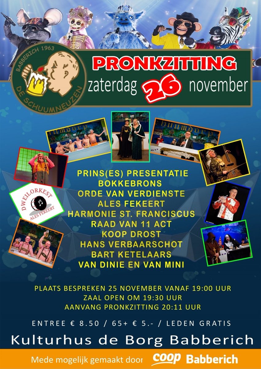 schuumneuzen's tweet photo. We zijn er helemaal klaar voor.  U komt toch ook naar onze pronkzitting? 

Wilt u zeker zijn van een plaatsje.  Kaartjes kunt u al reserveren stuur een mail naar info@schuumneuzen.nl https://t.co/IJSIX5dLy6