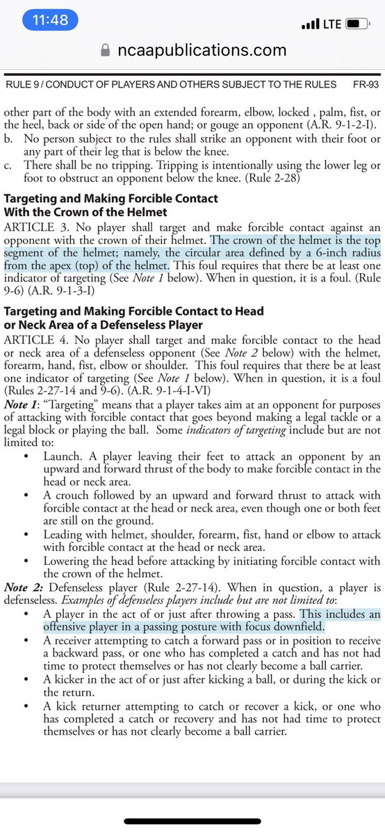 lrreyer's tweet photo. @SSN_Alabama Please people read the rule book. It was targeting. It does not have to be just the crown of the helmet. He was defenseless. If hit by the shoulder in the neck or helmet area - it is a target!! https://t.co/v67zFgW85e
