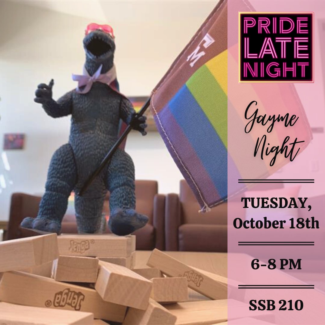 TranscendTAMU's tweet photo. The LGBTQ+ Pride Center is having Pride Late Night on October 18! There will be snacks, drinks, and games! The event runs from 6pm to 8pm at the LGBTQ+ Pride Center in SSB 210. Attendees can gather on the first floor while doors open at 5:45 p.m. We hope to see y’all there! https://t.co/6LfuTtfORA