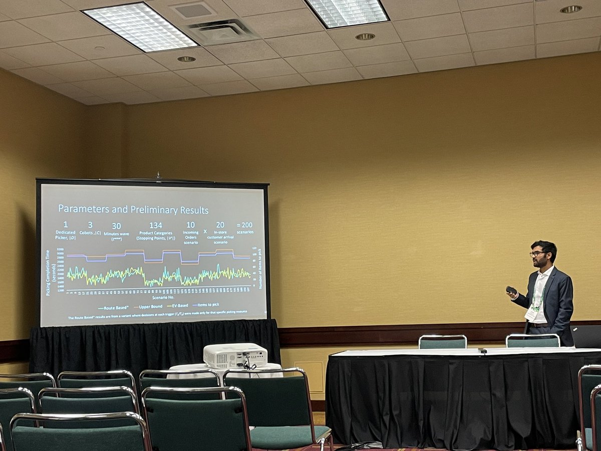 Joyjit Bhowmick presented our research with Jen Pazour <a href="/jpazour/">Jen Pazour</a> on Dynamic Order Picking in Retail Stores Using Collaborative Robots at @INFORMS2022.