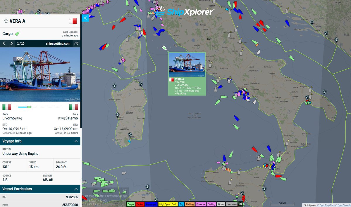 ShipXplorer's tweet photo. The most tracked ship of the day goes to Vera A (IMO: 9372585| MMSI: 256579000), currently sailing at a speed of 14.8 knots and is expected to arrive in Salerno on Oct 17, 09:00 AM (local time):
https://t.co/ZjIMwHfDUm 📡
#VeraA #IMO9372585 #MMSI256579000 https://t.co/rJFF5Cy9ky