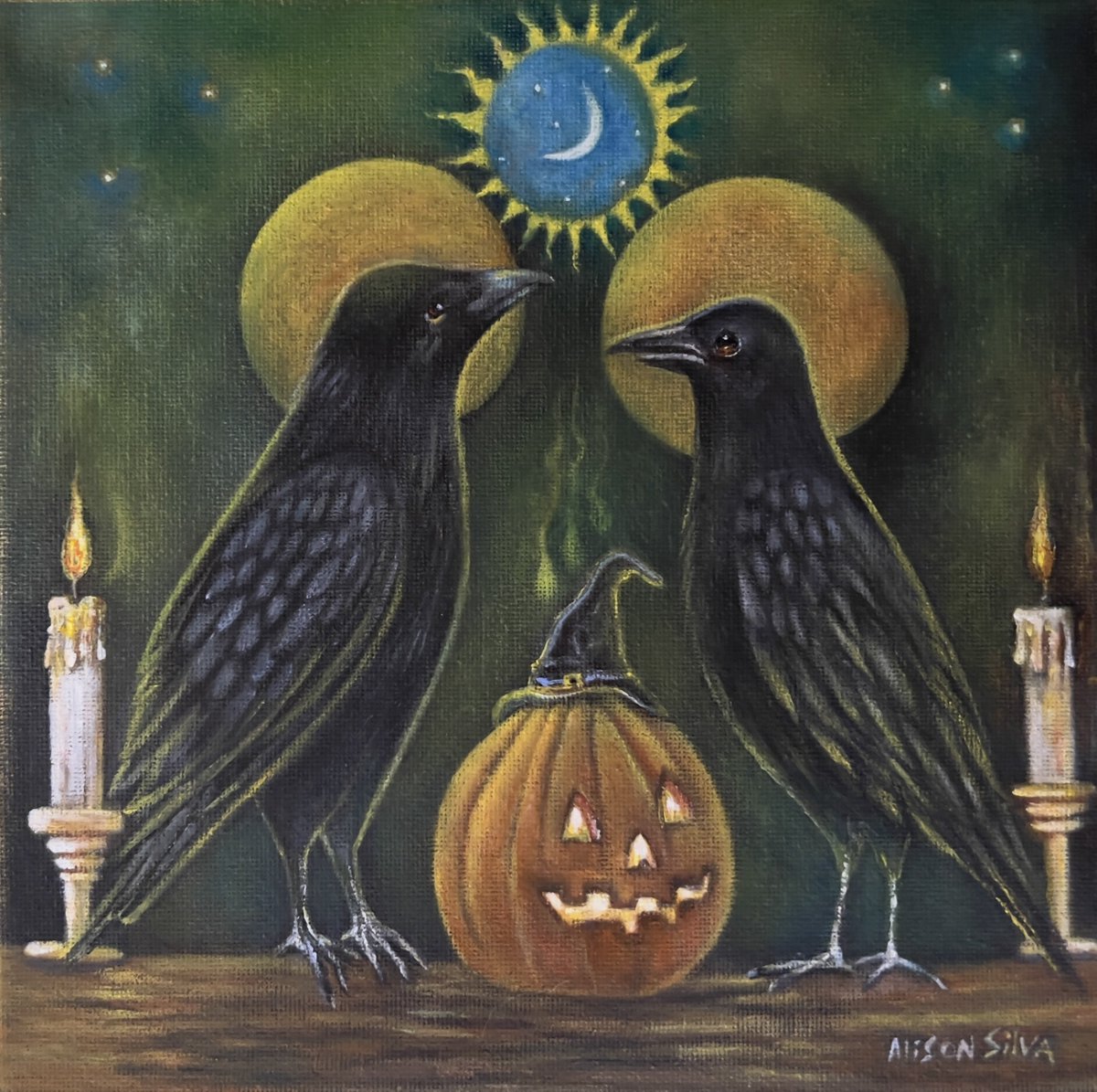 Getting into the spirit of things with these two charming crows, and their witchy Jack-o-lantern friend. 🍂🎃🍂 🖤✨🕯️🌠

Title: The Ritual 
Size: 8” x 8” 

DM me for inquiries 🌿✨🎨#halloweenspirit #artist #art #Halloween #painting #PumpkinSeason #spiritualgathering #Fall2022