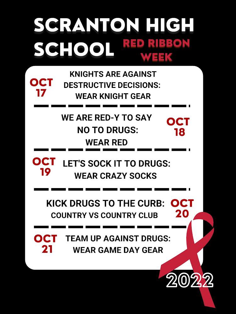 ScrHSCounselor's tweet photo. October 17 - October 21 is @redribbonweek 
SADD, Student Council, Class Officers, &amp; Student Ambassadors are encouraging the castle community to pledge against making destructive decisions and will celebrate this pledge through following spirit days! https://t.co/V4mjd8vjcH