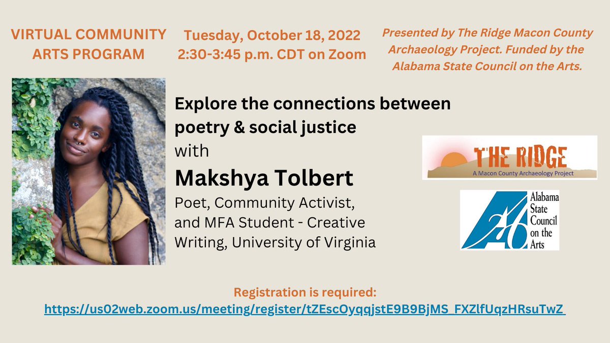 digtheridge's tweet photo. Registration is still open for Zoom program on Tues. Oct. 18 with poet and activist Makshya Tolbert. Visit https://t.co/Kf4ScjRMNz for details! https://t.co/IwzPoOPAJ7
