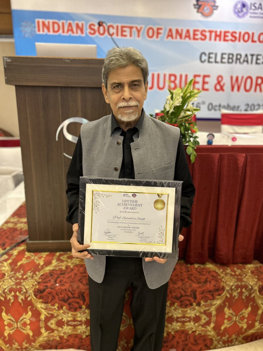 SinghTaneya's tweet photo. On the occasion of #WorldAnesthesiaDay, my father Prof (Dr) Surendra Singh was conferred the honour of the Lifetime Achievement Award by the Indian Society of Anaesthesiologists Lucknow Chapter. I couldn’t have been prouder to be standing in the audience and cheering him on. https://t.co/4LEshbp8Jr