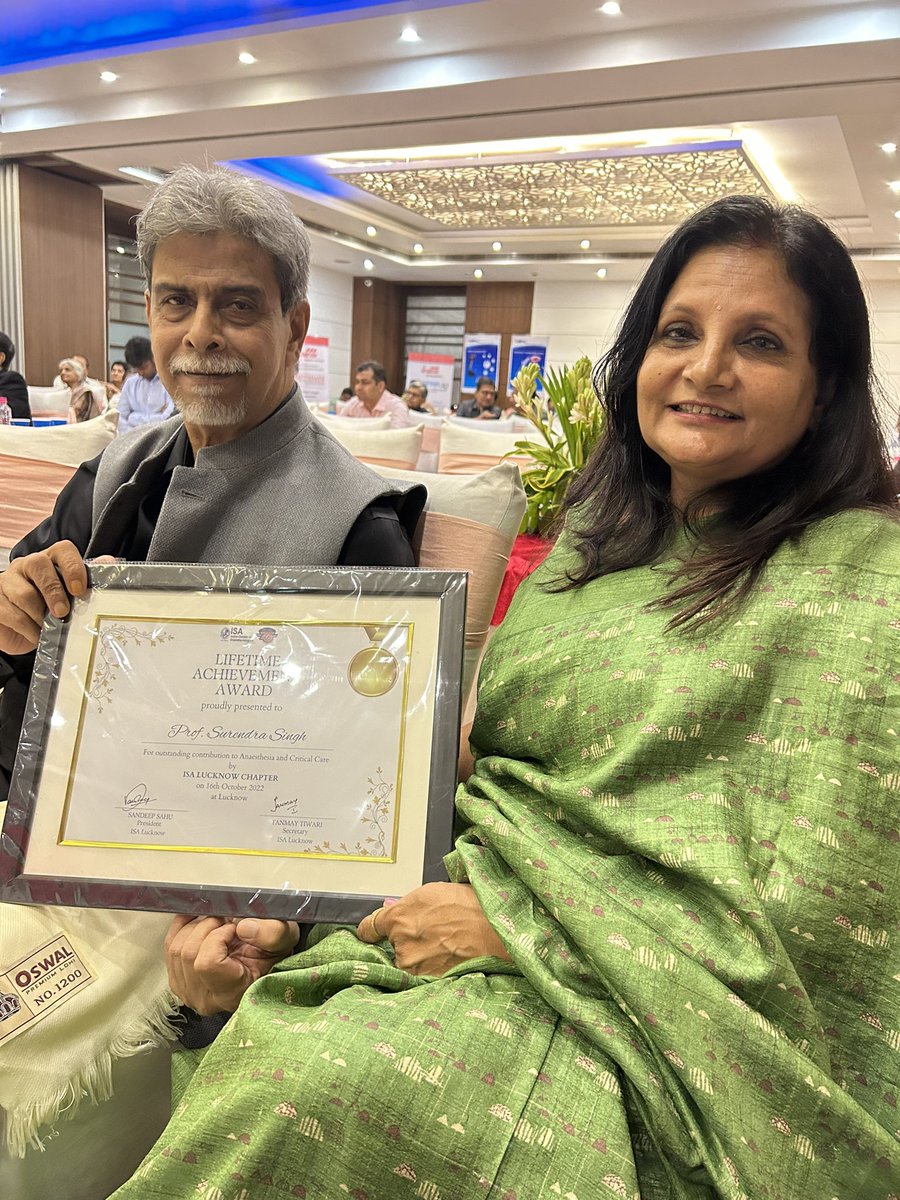 SinghTaneya's tweet photo. On the occasion of #WorldAnesthesiaDay, my father Prof (Dr) Surendra Singh was conferred the honour of the Lifetime Achievement Award by the Indian Society of Anaesthesiologists Lucknow Chapter. I couldn’t have been prouder to be standing in the audience and cheering him on. https://t.co/4LEshbp8Jr