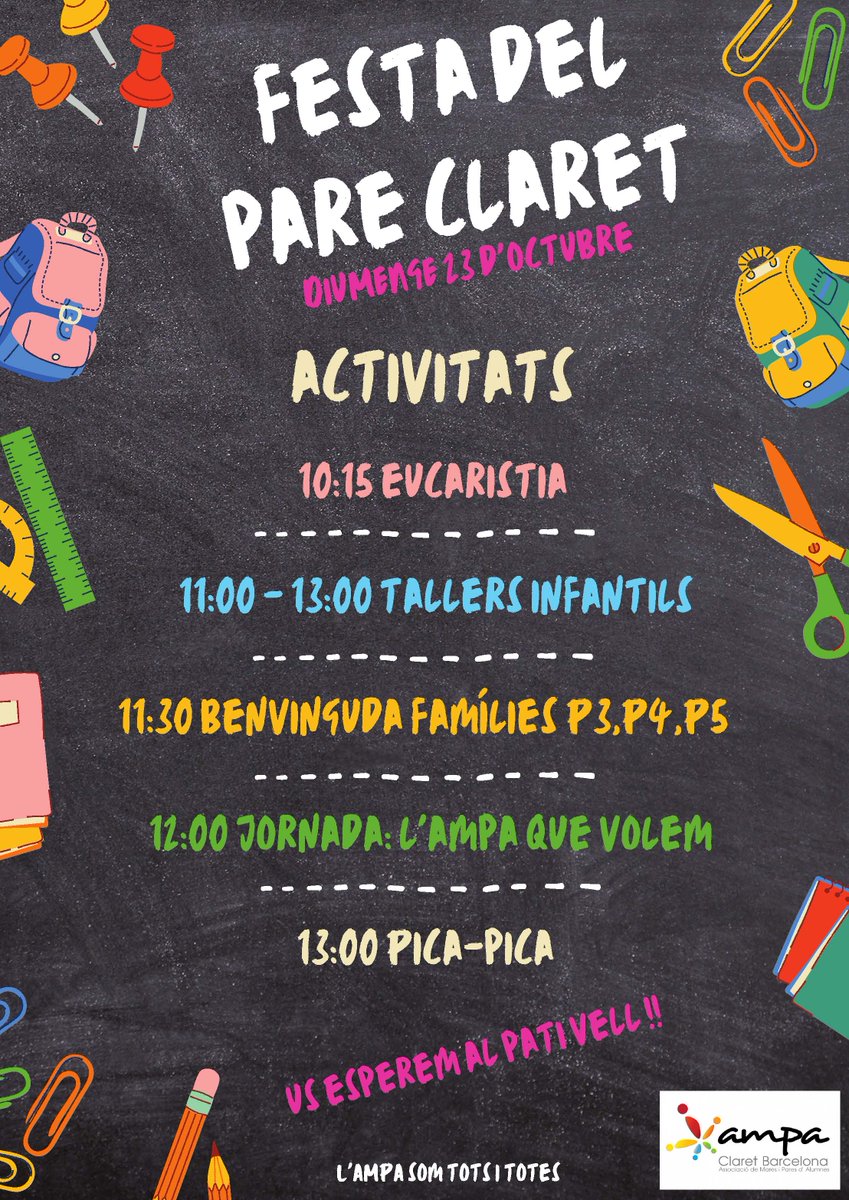 Alerta!! 🚨🚨
No facis plans pel proper 𝗱𝗶𝘂𝗺𝗲𝗻𝗴𝗲 𝟮𝟯 𝗱'𝗼𝗰𝘁𝘂𝗯𝗿𝗲. T'esperem a la Festa del Pare Claret.
✔️ Tallers 🛠️
✔️ Pintacares 👹
✔️ Música 🎤
✔️ Pica-pica 🧋🧀
❌ Discurs del presi 💤
Qui no vingui rebrà bronca del tresorer #quiavisanoestraidor