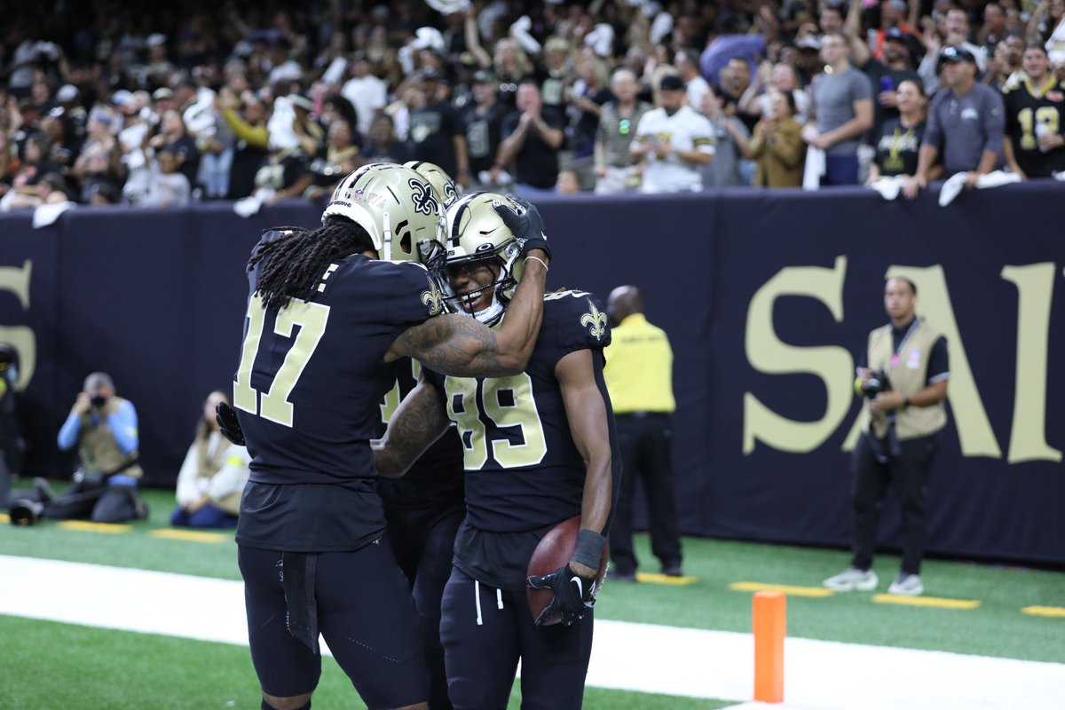 Saints's tweet image. First career NFL touch = first career NFL TD

🫡 @RashidShaheed 

#Sants | @weberstatefb