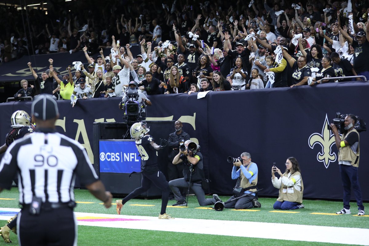 Saints's tweet image. First career NFL touch = first career NFL TD

🫡 @RashidShaheed 

#Sants | @weberstatefb