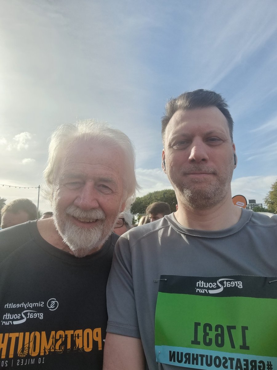 CommunityKen's tweet photo. It has been some time since I sent a tweet, but I feel I have something worthwhile in a personal achievement to post. Along with my eldest son Mark, I today ran in the Great South Run and I finished in a time of 1:44.06, which for an old boy in his 73rd year is not too bad. https://t.co/kw8gShoHBD