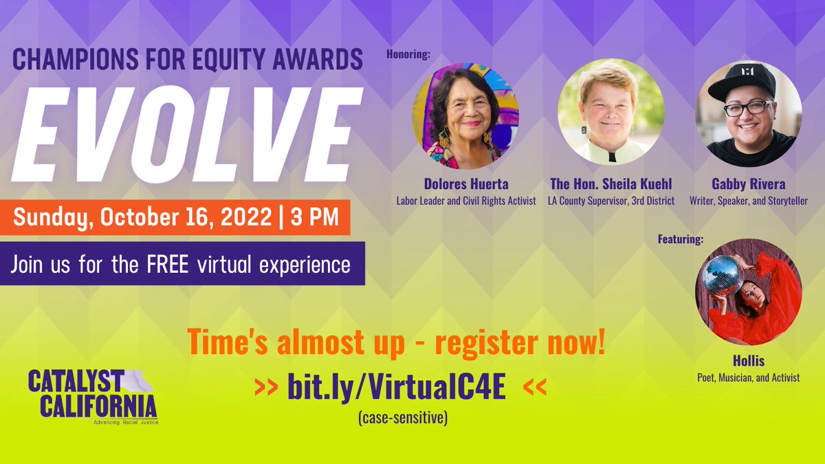 Time’s almost up! Register for FREE and join us for some exciting virtual activities: Live broadcasts from the #ChampionsForEquity Awards in DTLA, virtual photo booth, contests and prizes, and a livestream of our program. Don’t miss out – sign up NOW! bit.ly/VirtualC4E