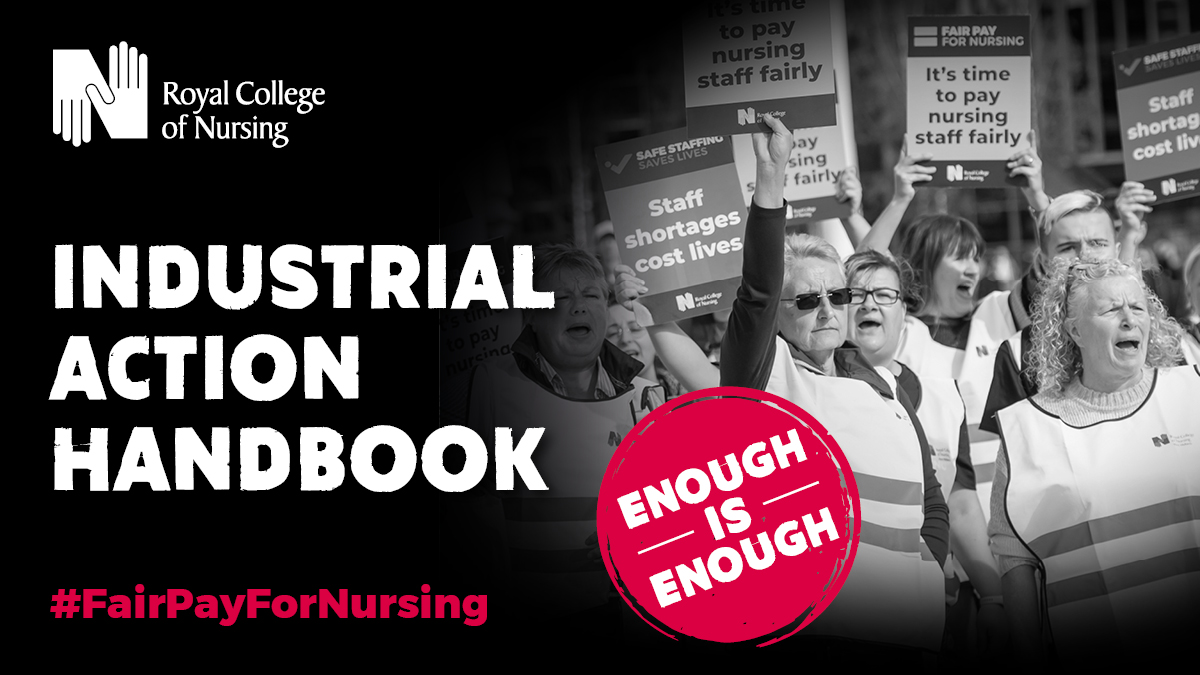 theRCN's tweet image. Eligible members in all UK countries are being balloted on strike action until 2 November. Such action will only ever be taken safely and responsibly. Find out more in our Industrial Action Handbook. bit.ly/3kxidGf  #FairPayForNursing