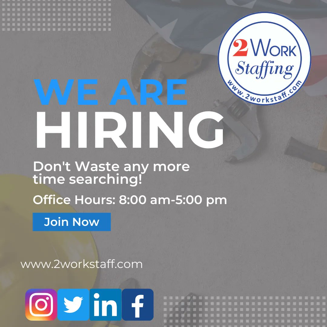 2WorkStaffing's tweet image. Find us on all of our socials! We always have job updates that can help you or someone you know! 
#JOB #2Work #letsget2work #Hiring #Workflow