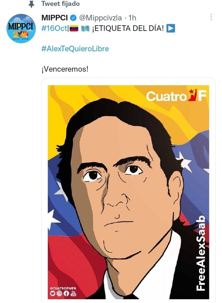 #16Oct|🇻🇪 🗺️ ¡ETIQUETA DEL DÍA! ▶️ 

#AlexTeQuieroLibre

¡Venceremos!