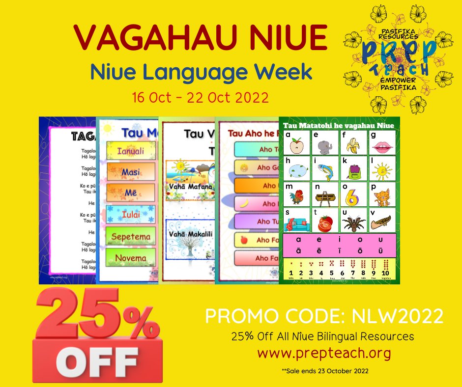 prep_teach's tweet image. To celebrate the week of Vagahau Niue, 16 Oct-22 Oct 2022, Pasifika Resources, Empower Pasifika - PREP TEACH, is having a sale of 25% off all Niue bilingual resources.

Promo code: NLW2022

#pasifikaeducation  #educationmatters #educationispower #bilingualkids #prepteach