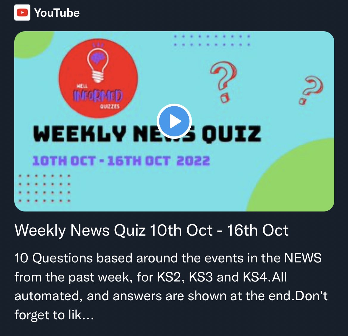 Here is this weeks #NEWSQUIZ 

youtu.be/xeTv7q2oL_8

#teacher #education #school #teachertwitter #teacherlife #TeachersDay2022