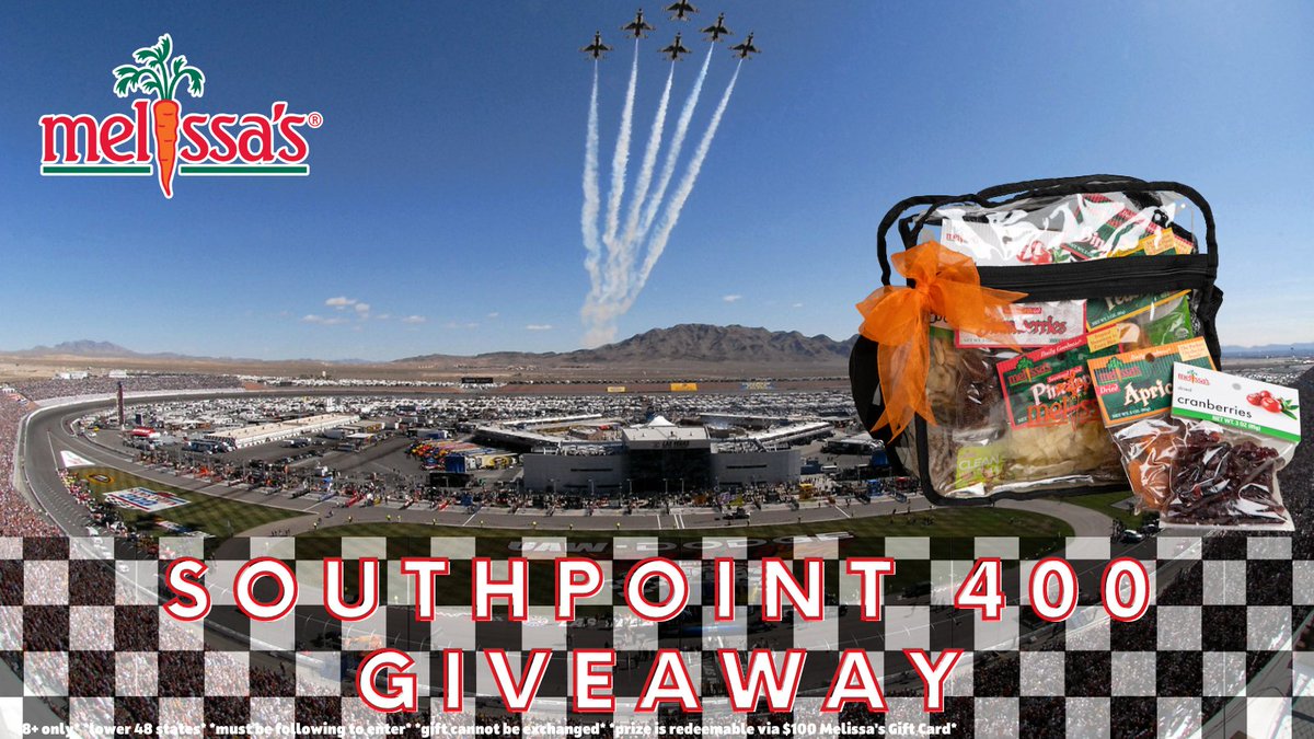 Start your engines! It’s almost time for the #SouthPoint400 at @LVMotorSpeedway! Enter our #giveaway for a chance to win: 🏁 RT & like this post 🏁 Follow @MelissasProduce 🏁 Tag a friend! #NASCARPlayoffs #MelissasProduce #NASCAR #LVMS