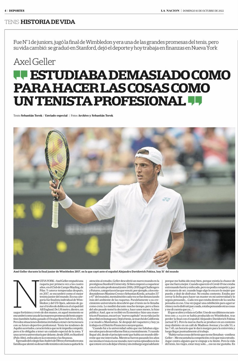 sebatorok's tweet photo. El nuevo camino de @AxelGeller: fue N° 1 del mundo y jugó la final de @Wimbledon, se graduó en @Stanford, dejó el #tenis y trabaja en finanzas en #NuevaYork. 

[@LANACION] https://t.co/tHx5WY0R32