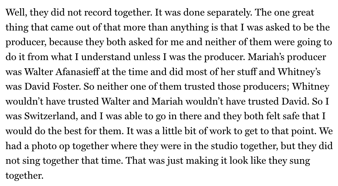 .<a href="/babyface/">Babyface</a> on the most memorable thing about working with Mariah Carey and Whitney Houston on “When You Believe”: vult.re/3S0Z1xr