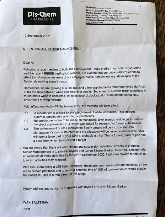 Not entirely sure of the validity of this letter allegedly written by <a href="/Dischem/">Dis-Chem</a> CEO. Firstly, racist much? Secondly, is he still in Primary School? The English used here is sub-par. Oh well, seeing you won't hire whites, our money is no longer welcome either. Bye bye #DischemFAIL