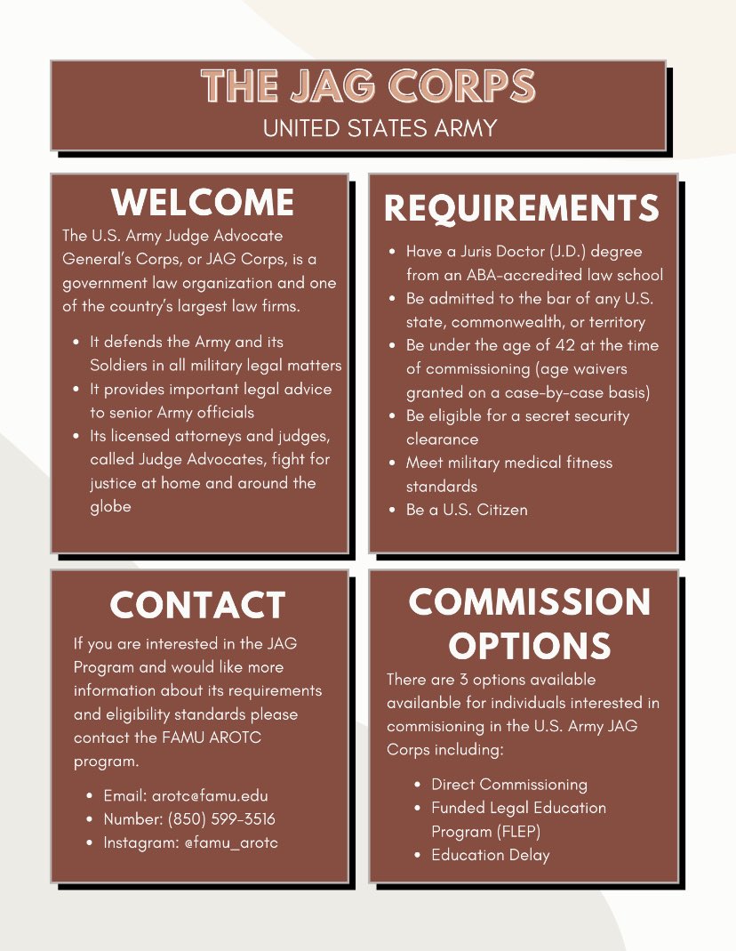 FAMU_Army_ROTC's tweet photo. Are you interested in becoming a lawyer and serving in the United States Army? Then U.S Army Judge Advocate General Corps might be for you. Stop by Howard Hall to speak with a cadre member for more information
#famurotc #rattlerbattalion
#rattlers1887 #judgeadvocategeneral https://t.co/2IUCqivWgs