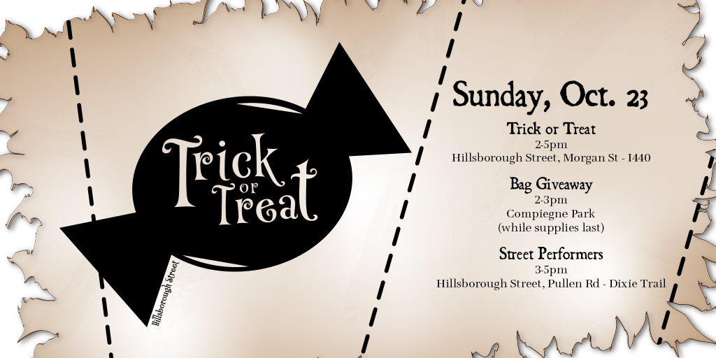 A week from now, we'll be handing out treat-carrying bags to our trick or treaters! Will you be there?

Don't worry if you can't get there until later - bring your own bag &amp; hit up our candy stations throughout the district 👻

HillsboroughStreet.org/TrickOrTreat