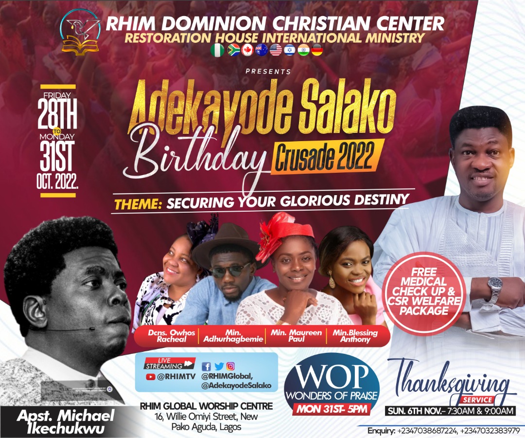 AdekayodeSalako's tweet photo. ADEKAYODE SALAKO BIRTHDAY CRUSADE 2022
Let d #CountDown begin
#AdekayodeSalako
#AdekayodeSalakoMinistries
#AdekayodeSalakoOutreach
#RHIMGlobal
#SecuringYourGloriousDestiny
#AdekayodeSalakoBirthdayCrusade
#AdekayodeSalakoBirthdayCrusade2022
#BirthdayCrusade
#Surulere #lagosstate https://t.co/QQjuMnP0kv