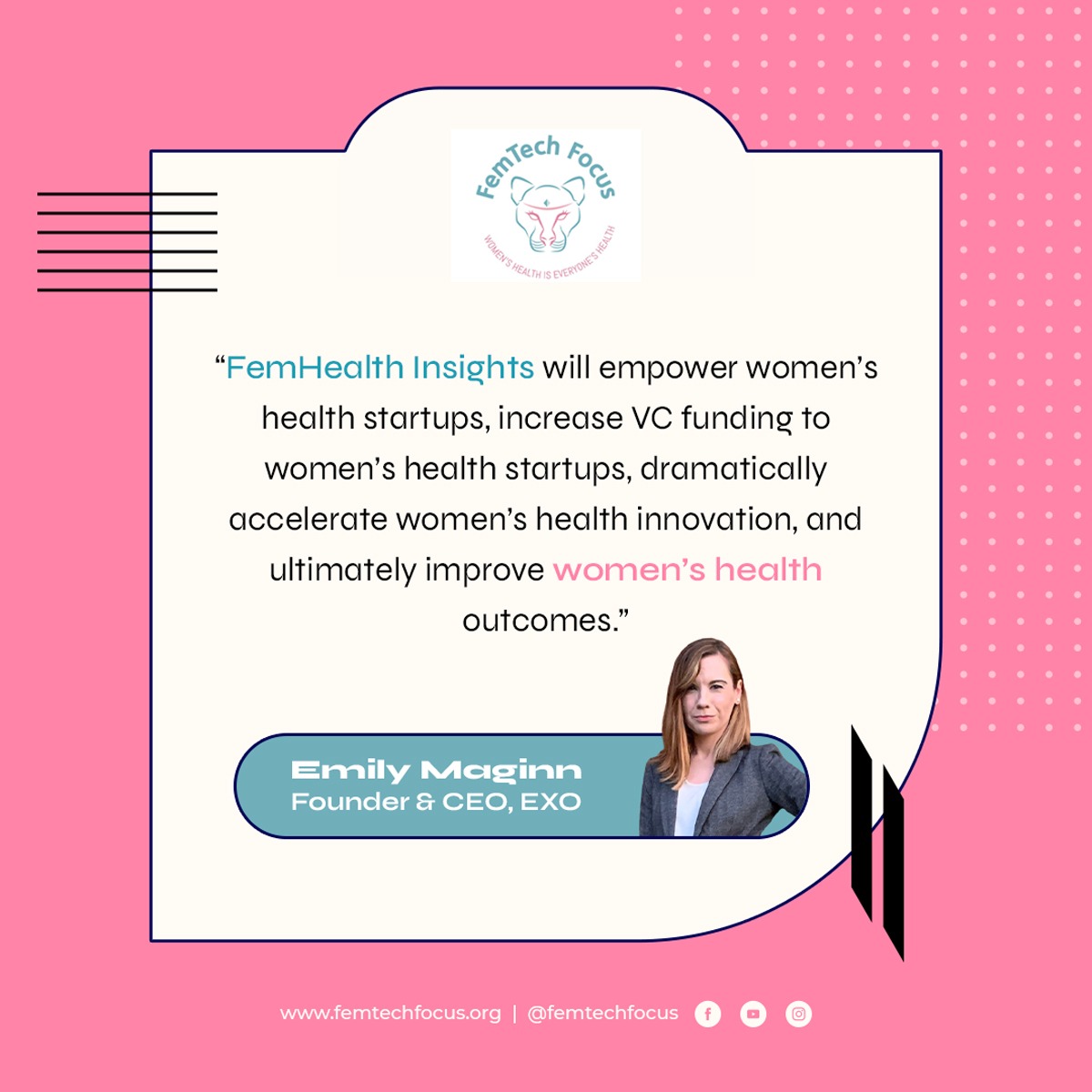 FemTech_Focus's tweet photo. “FemHealth Insights data on femtech startups will have a profound impact on women’s health.”
~Emily Maginn, Founder &amp; CEO, EXO

#femtechfocus #femtechpodcast #femtechfounders #womenshealth #women #data #health #nonprofit https://t.co/X0xDg83aDk