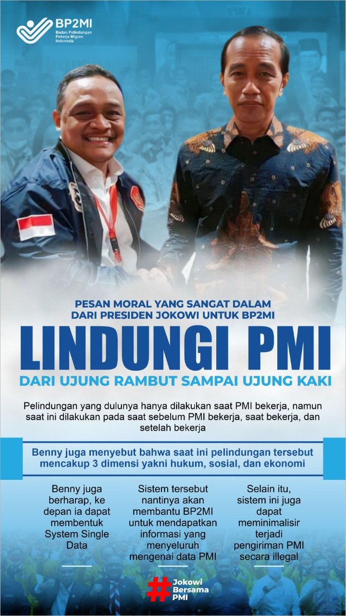 mel0rot's tweet photo. Kini Pekerja Migran Indonesia (PMI) tidak perlu khawatir lagi, karena Badan Perlindungan Pekerja Migran Indonesia (BP2MI) berkomitmen memberikan pelayanan dari ujung rambut hingga ujung kaki.
#JokowiBersamaPMI
Bukti Negara Hadir https://t.co/5PyT3kMlAT