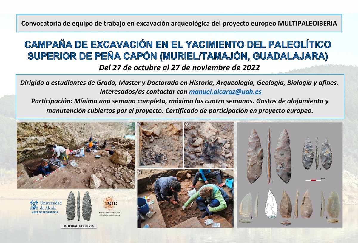 Buscamos estudiantes de Grado, Máster o Doctorado interesad@s en colaborar en la campaña de excavación del yacimiento de #Paleolítico superior de Peña Capón (Muriel/Tamajón, Guadalajara) entre el 27 de octubre y el 27 de noviembre. Información y contacto en la imagen adjunta.