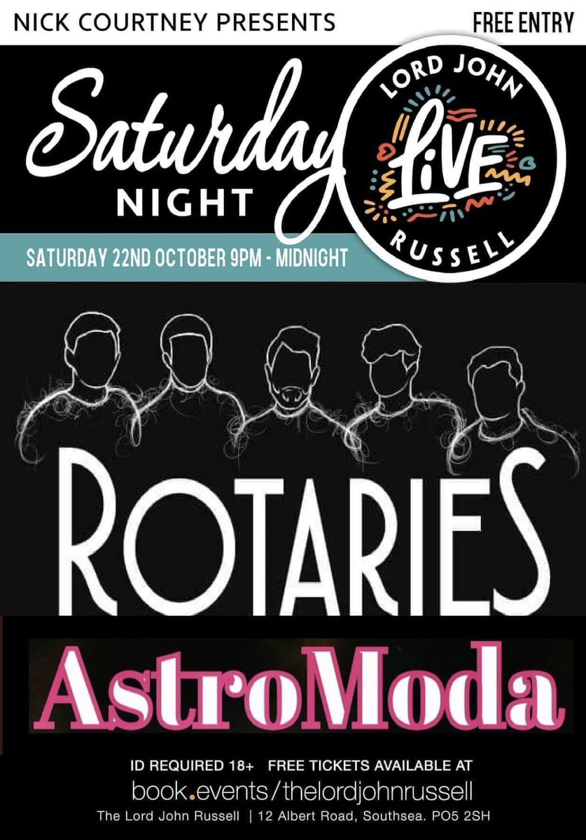 RotariesUK's tweet photo. Next up is next weeks gig at the newly refurbished Lord John Russell with @astromoda_ 💙

Free tickets can be purchased below 👇

https://t.co/80V6djI7g6 https://t.co/uvcVc4UsWq