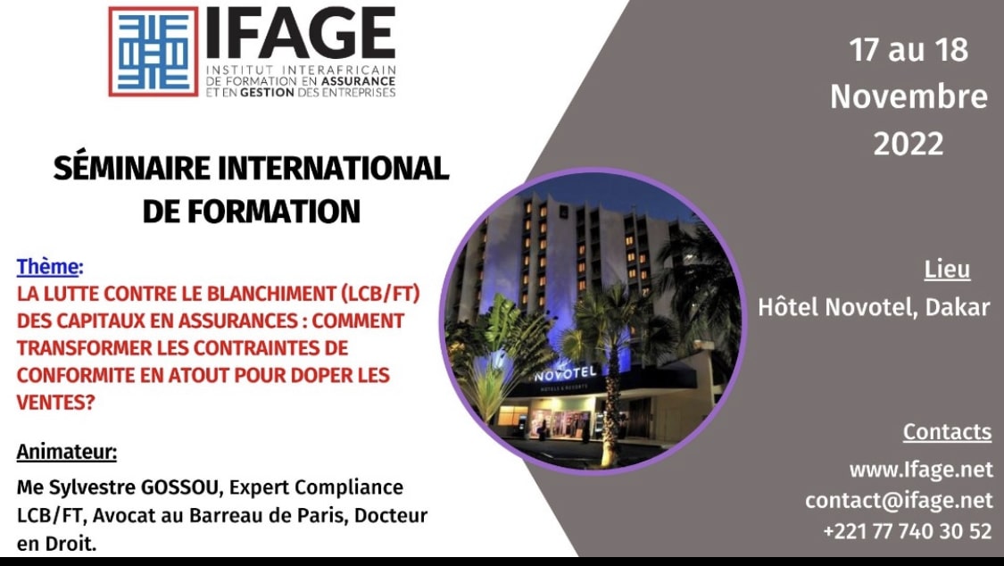 Financialafrik's tweet photo. La Direction Générale de l’Institut Interafricain de Formation en Assurance et en Gestion des Entreprises (Ifage) a l’honneur et le plaisir de vous faire part du Séminaire portant sur « La lutte contre le blanchiment (LCB/FT)  #Assurance

https://t.co/QiEAaLF2IL https://t.co/Ii88asNlro