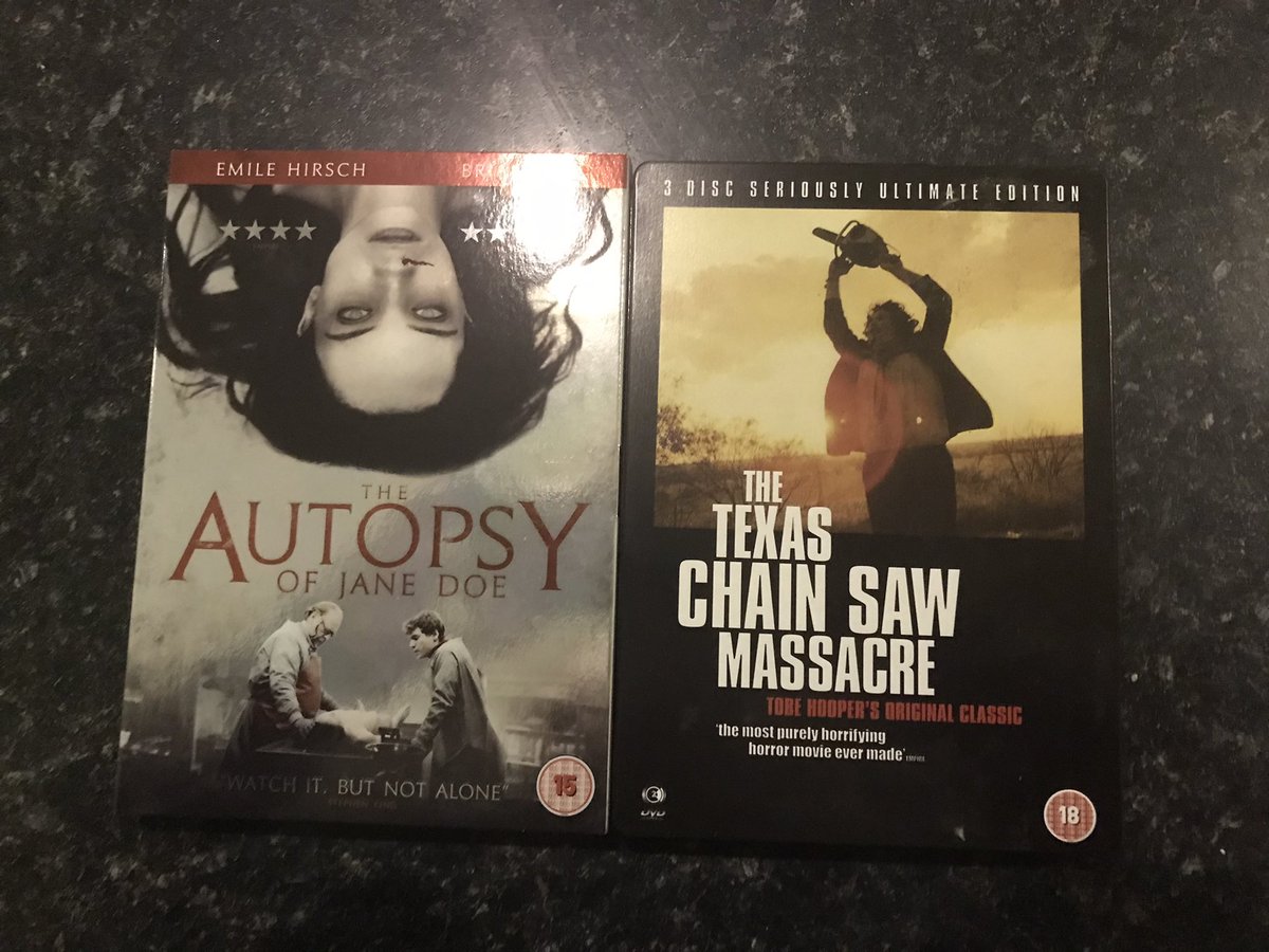 ChrisRushHorror's tweet photo. Tonight’s movies. #horror #horrormovies #dvd #horrordvds #TheAutopsyofJaneDoe #TheTexasChainSawMassacre #Leatherface https://t.co/T9hlMVEOzh
