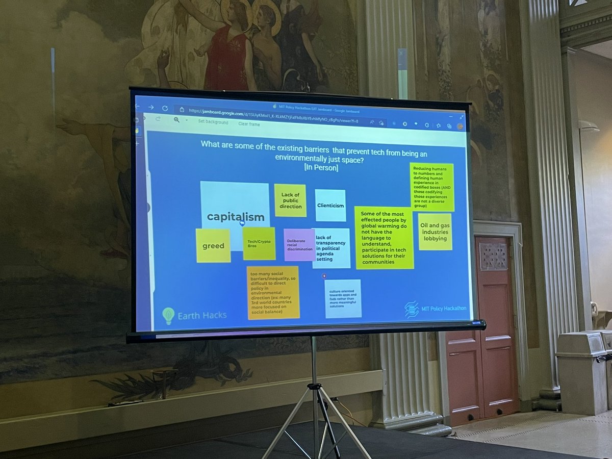 Participants at #mitpolicyhackathon22 are sharing their ideas on what barriers we need to overcome to have environmentally just technology!