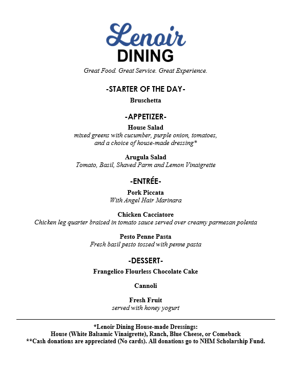 Please join us this week for an Italian inspired menu! Reservations available Tuesday and Wednesday at 11:30 and 12:30!