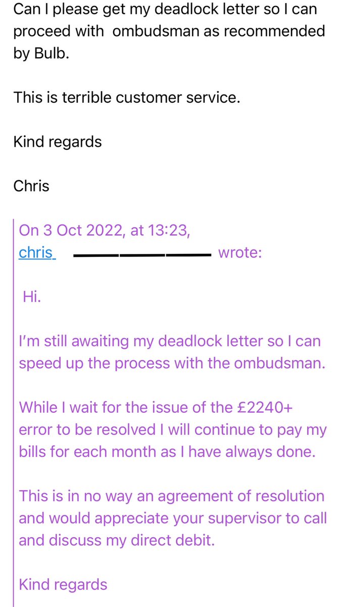ChrisBerkery's tweet photo. @BulbUK can you please reply to my email and issue my deadlock letter so I can move forward with the @financialombuds as recommended by your team. https://t.co/iRO1dpOWAm
