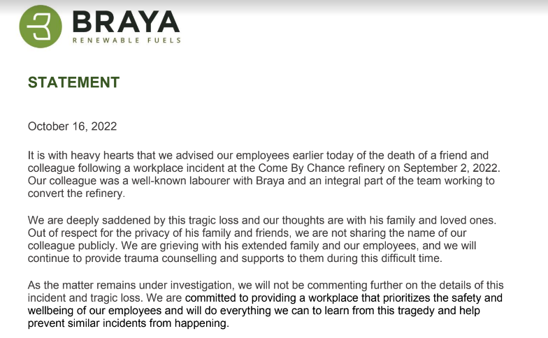 MikeConnors's tweet photo. Braya Renewable Fuels releases a statement on the death of one of the workers injured in the Sept. 2 flash fire at the Come by Chance refinery. #nlpoli https://t.co/16xQIFCXqh