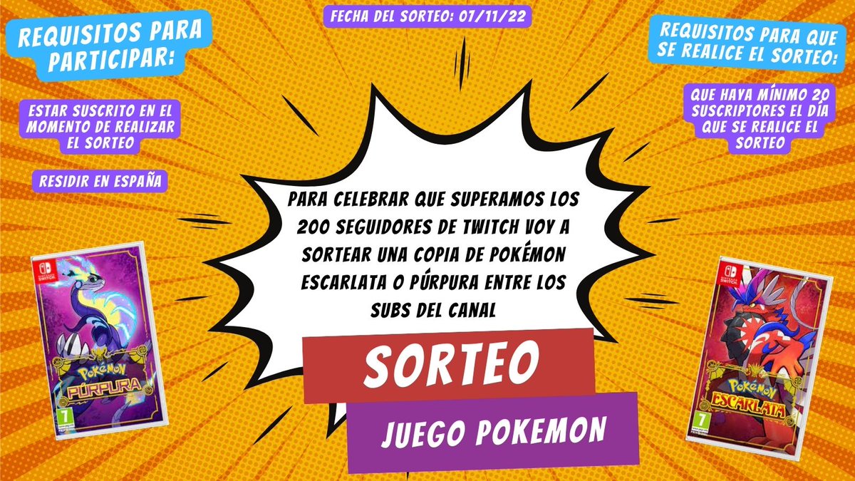 💣SORTEO ESPECIAL💣

Para celebrar la cifra de 200 seguidores en Twitch, voy a realizar un sorteo entre los subscriptores del canal.

Voy a sortear una copia de #PokemonScarletViolet entre los subs el día 7/11/22

Un RT 🔄 y like ❤️ para dar apoyo

Os dejo toda la info 👇👇